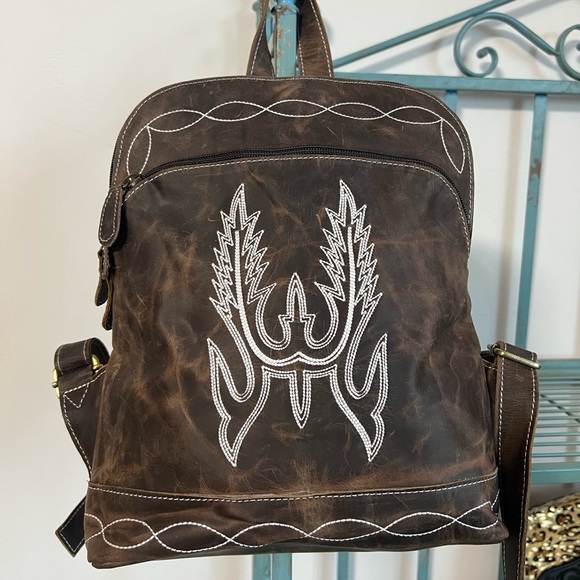 Rustic Embroidered Wing Small Backpack Genuine Crazy Horse Leather Western Bag - Picture 5 of 16